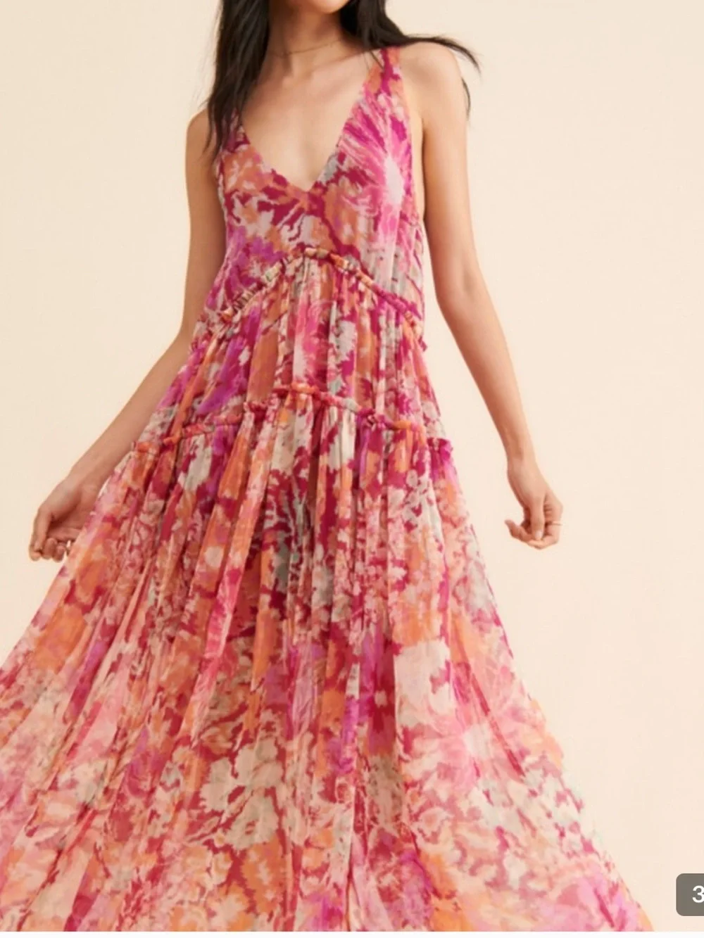 Free People Pink Orange Floral V-Neck Tiered Maxi Dress